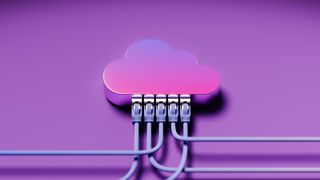 A purple cloud with Ethernet cables plugged into it, on a purple background