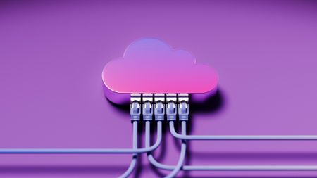 A purple cloud with Ethernet cables plugged into it, on a purple background