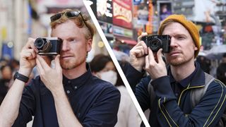 Diptych, with man holding the Lumix L10 compact camera's viewfinder up to his eye (left) and the same man holding the Fujifilm X100VI up to his eye (right), both in a busy urban scene