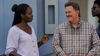 Folake Olowofoyeku and Billy Gardell in Bob Hearts Abishola