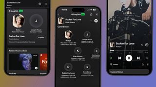Three iPhones showing SongDNA and the Spotify playback screen