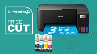 The Epson EcoTank ET-2860 on a green background next to a TechRadar badge that reads 'Price Cut'