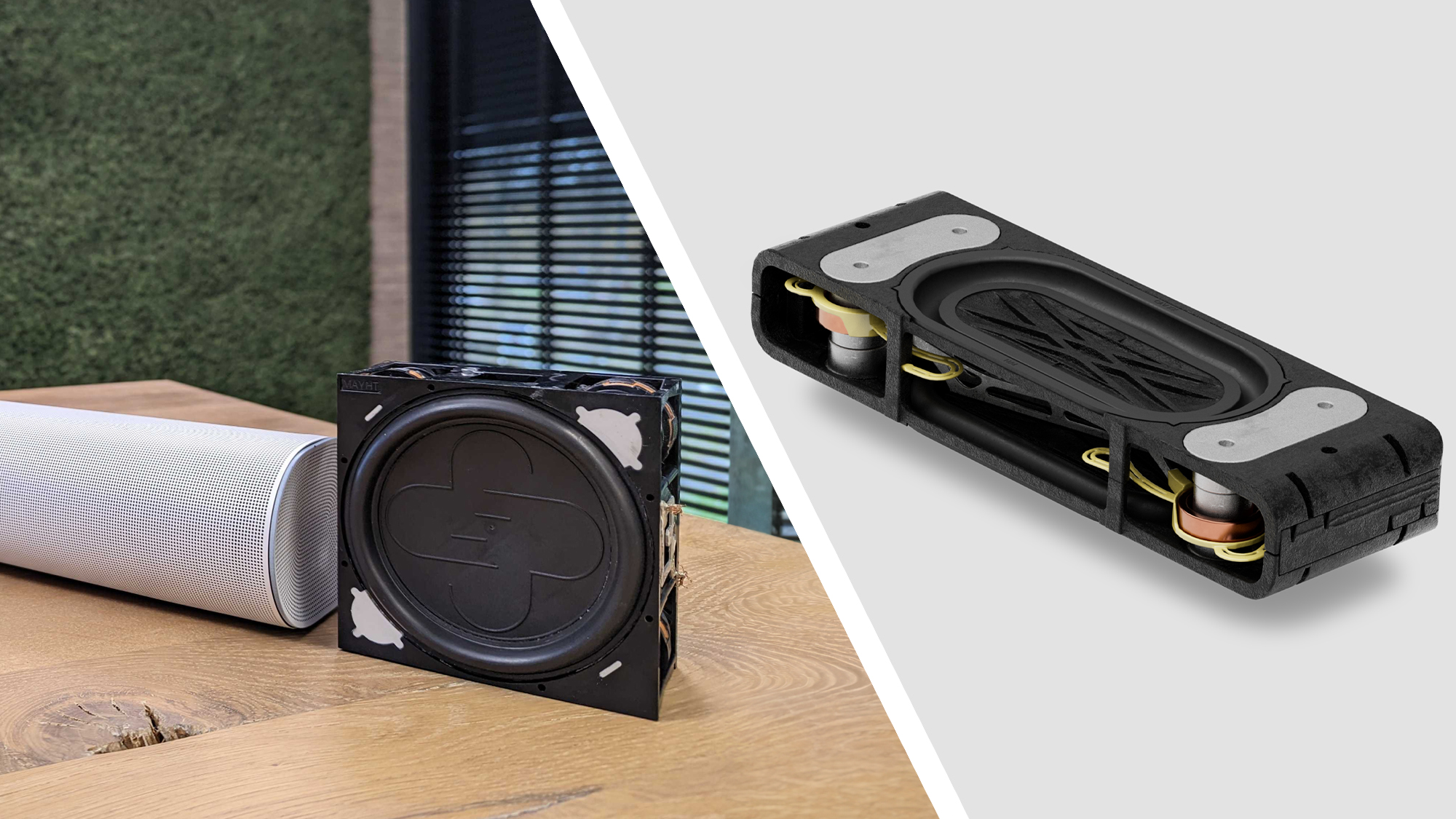 Two versions of the Sonos Sound motion speaker driver &ndash; an early concept on the left, and the final version on the right