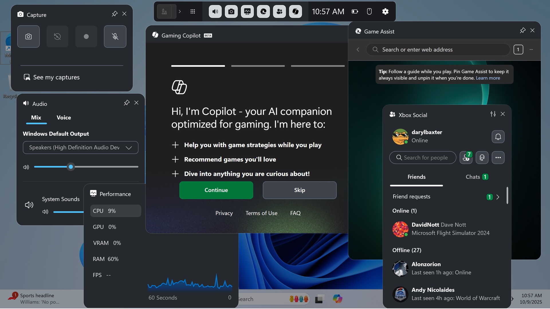 Screenshot showing the new Game bar in Windows 11