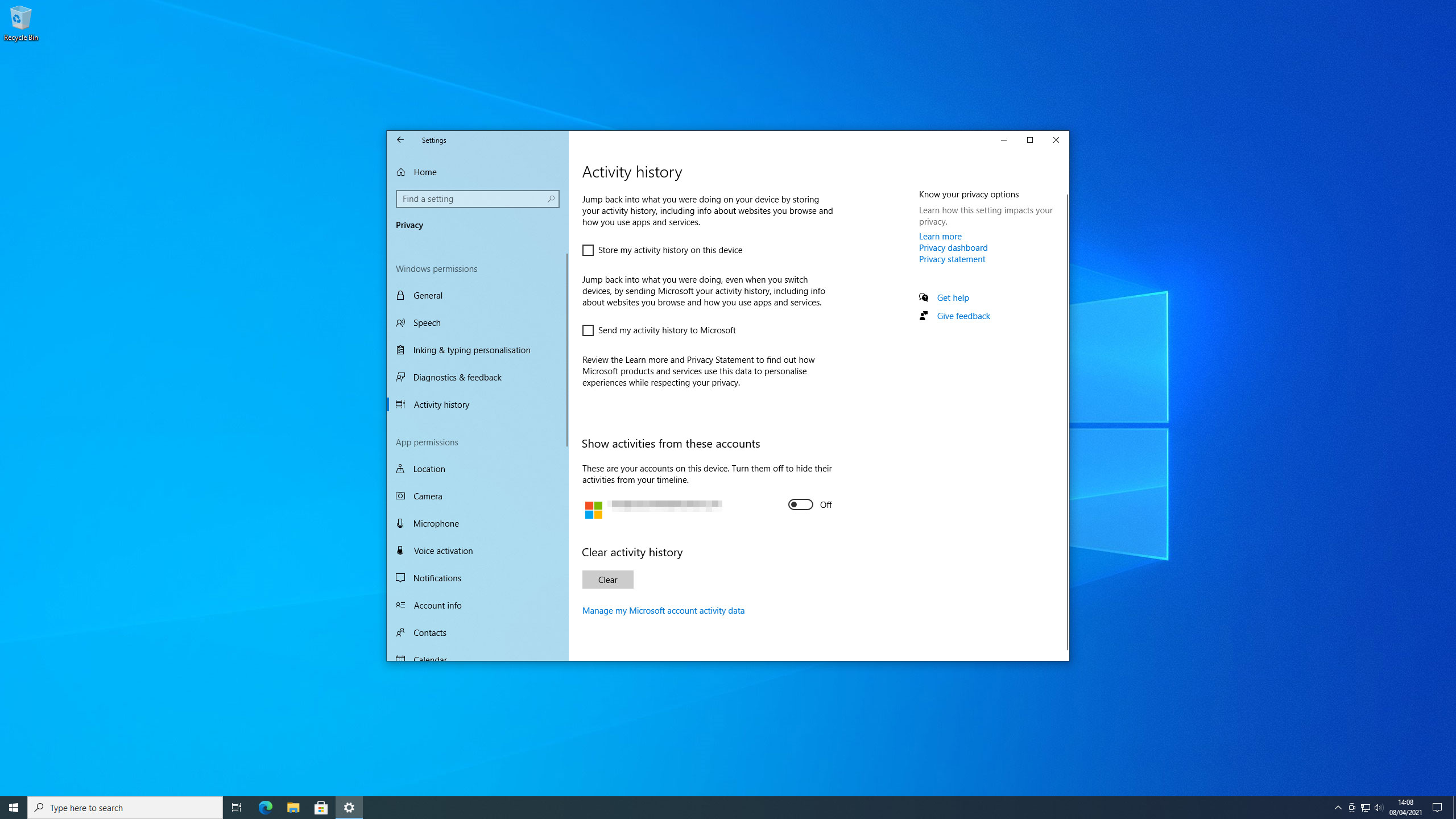Activity history screen in Windows 10
