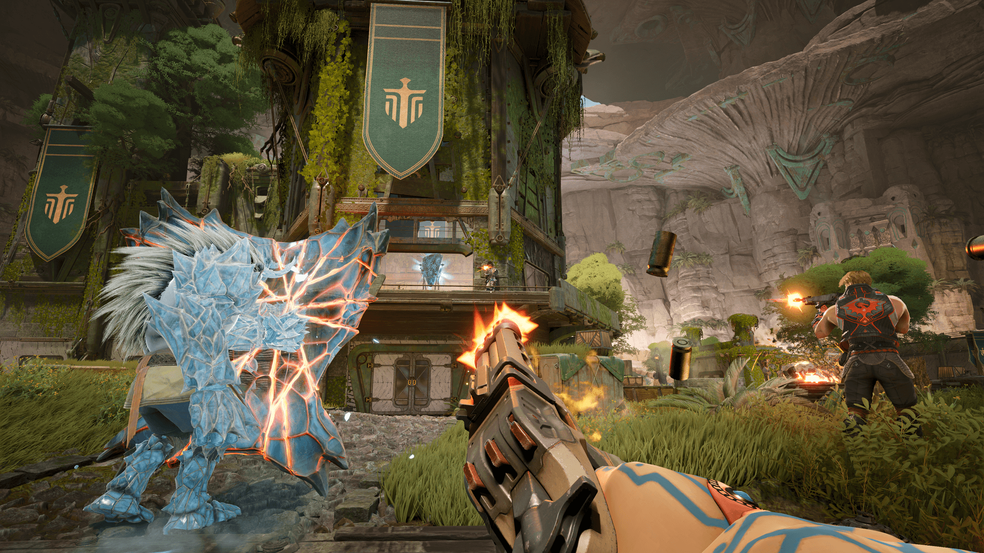 A still from Highguard, showing a character shooting a machine pistol at a base.