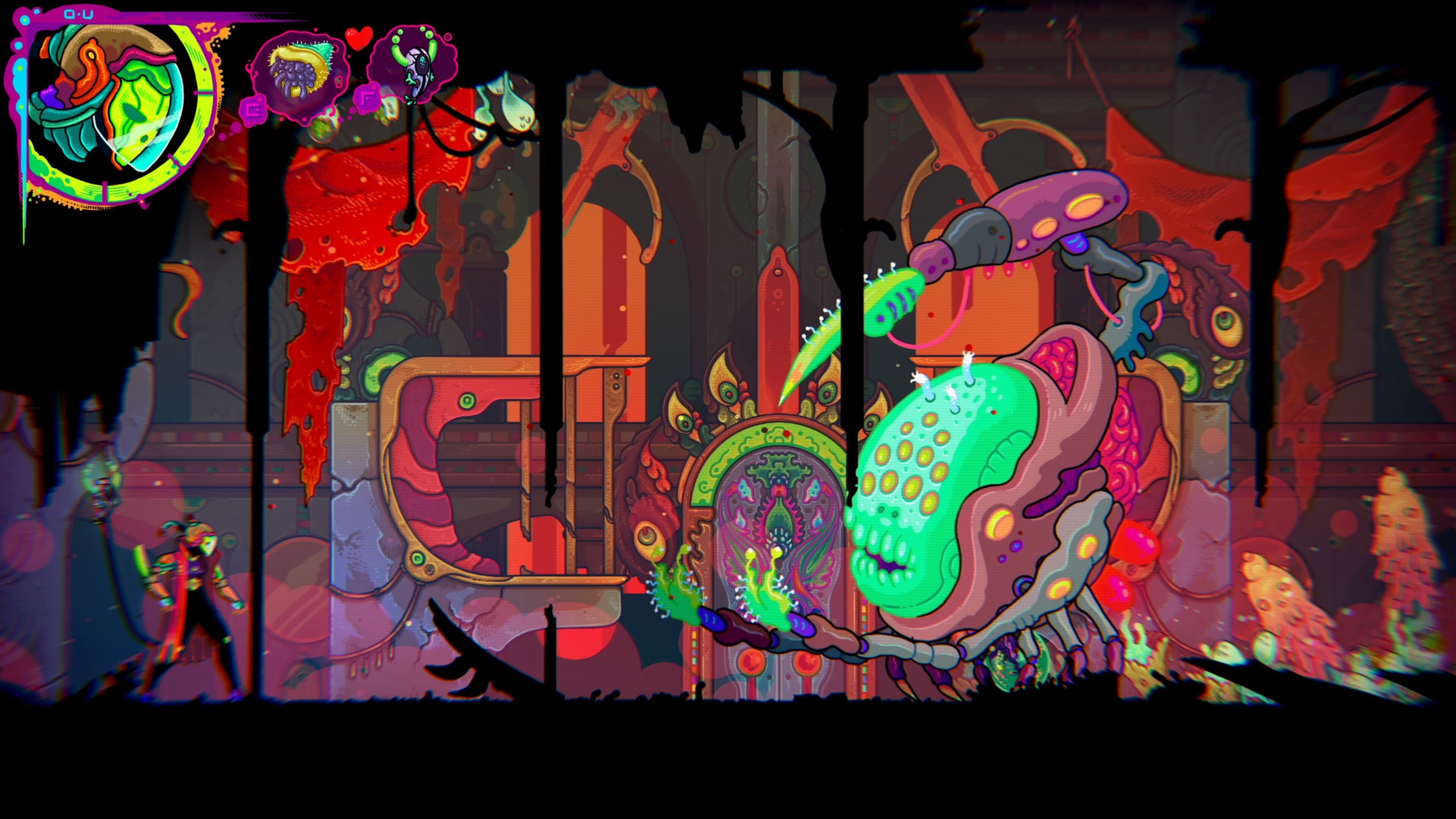 Character fighting a massive creature