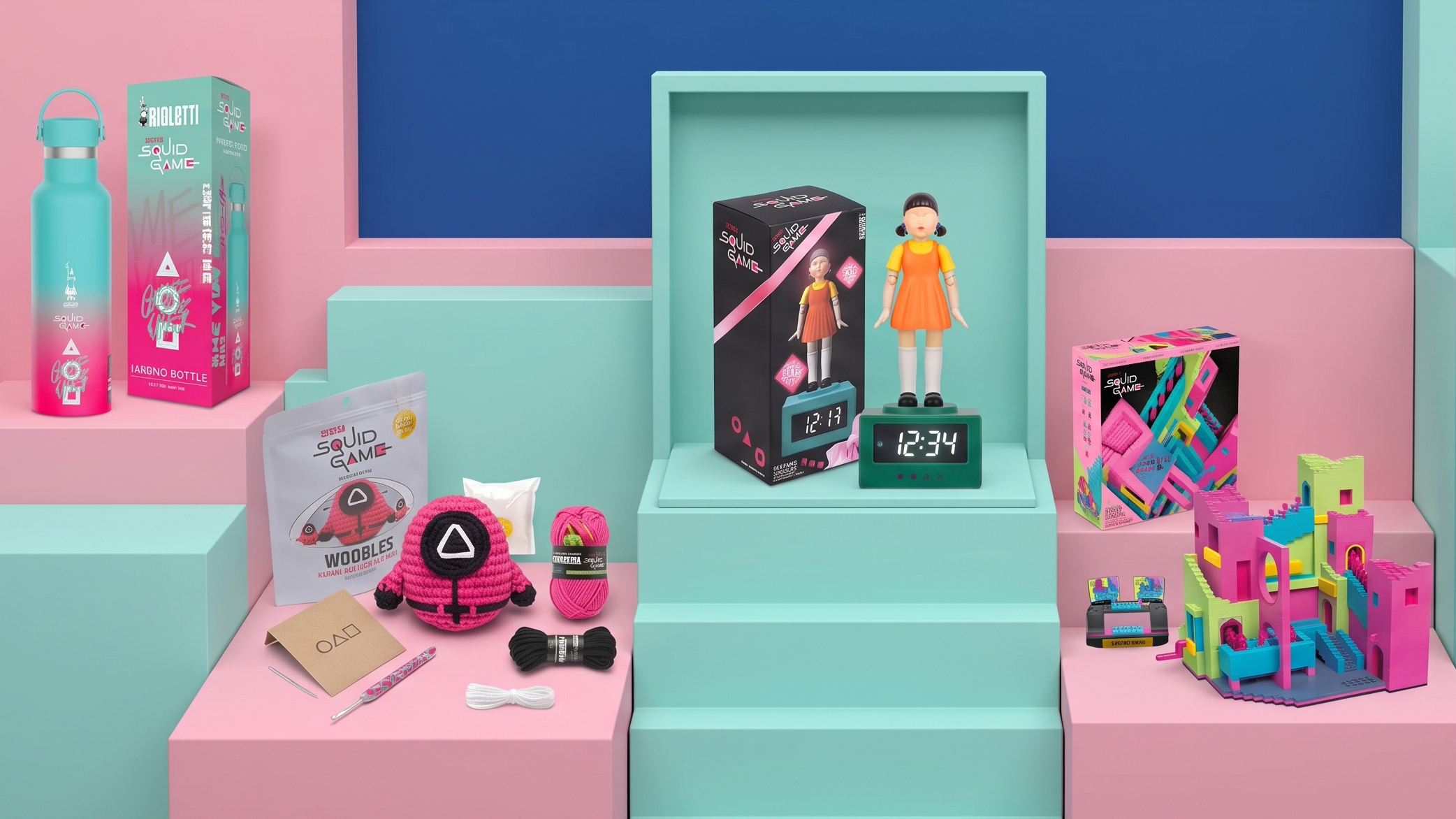 Selection of Squid Game Merch on a colorful podium