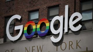 The Google logo adorns the outside of its NYC office building