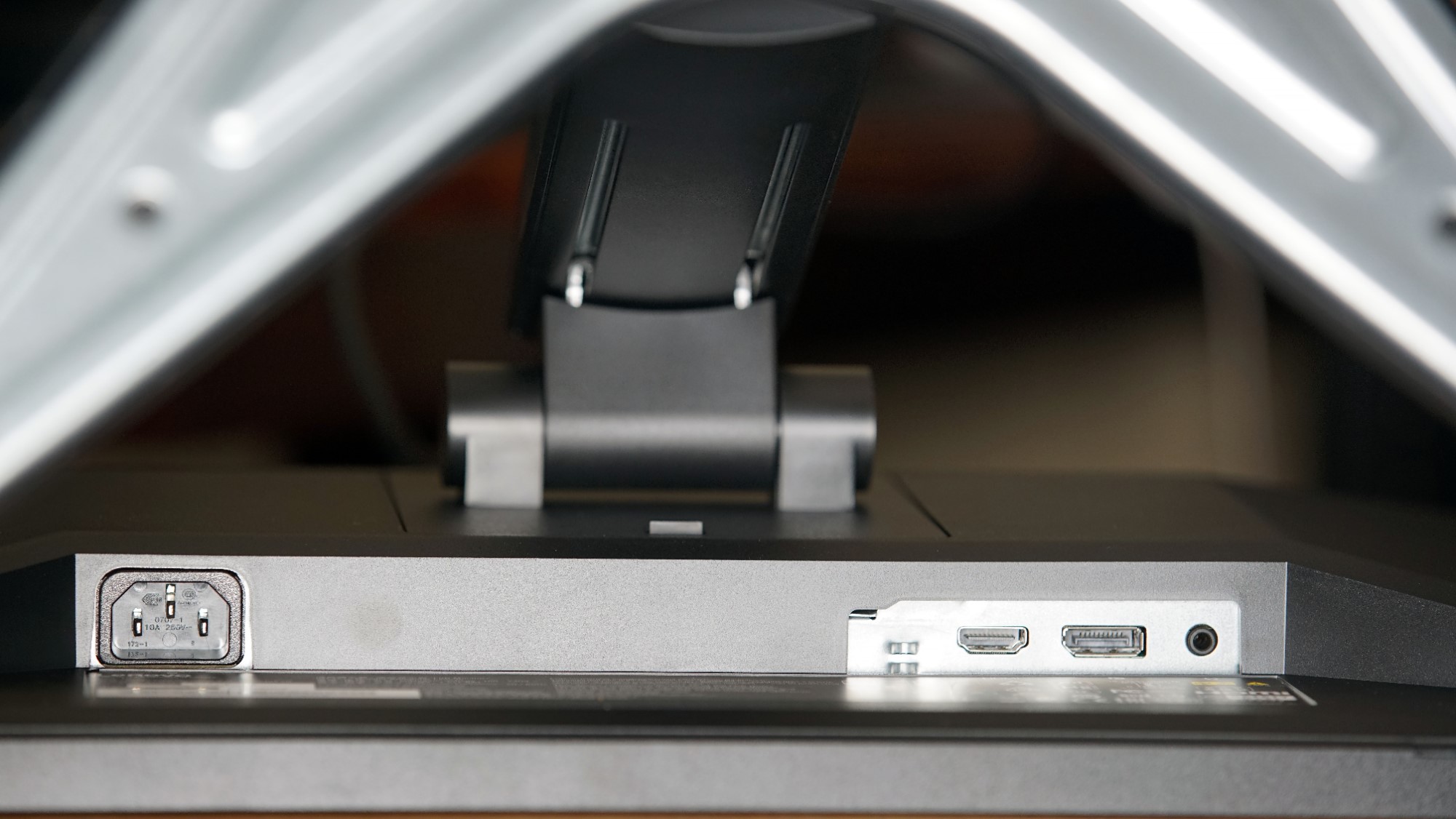 The power and video inputs on the Lenovo G25-10 gaming monitor