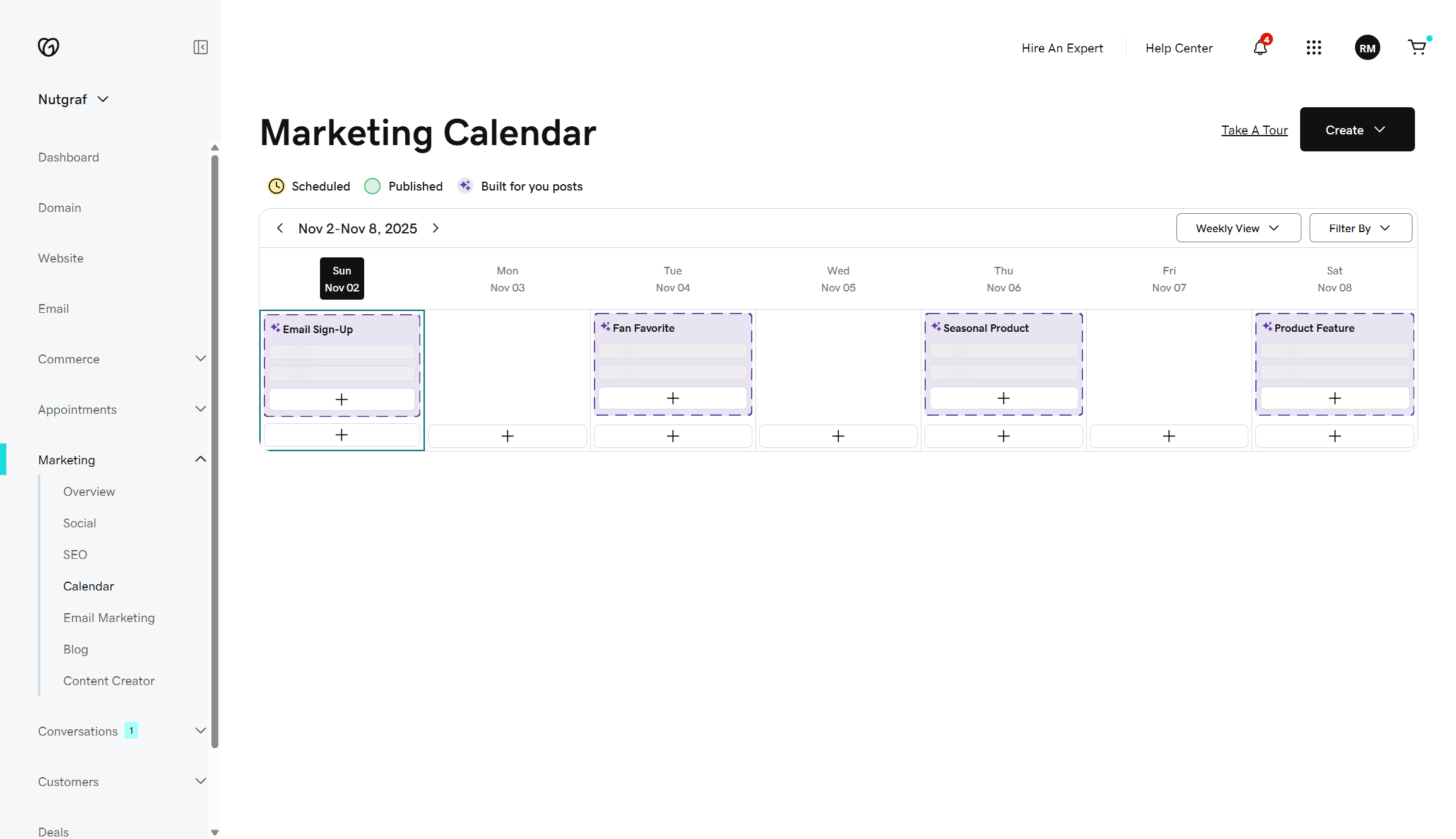 Screenshot of GoDaddy's AI marketing scheduler with a calendar view.