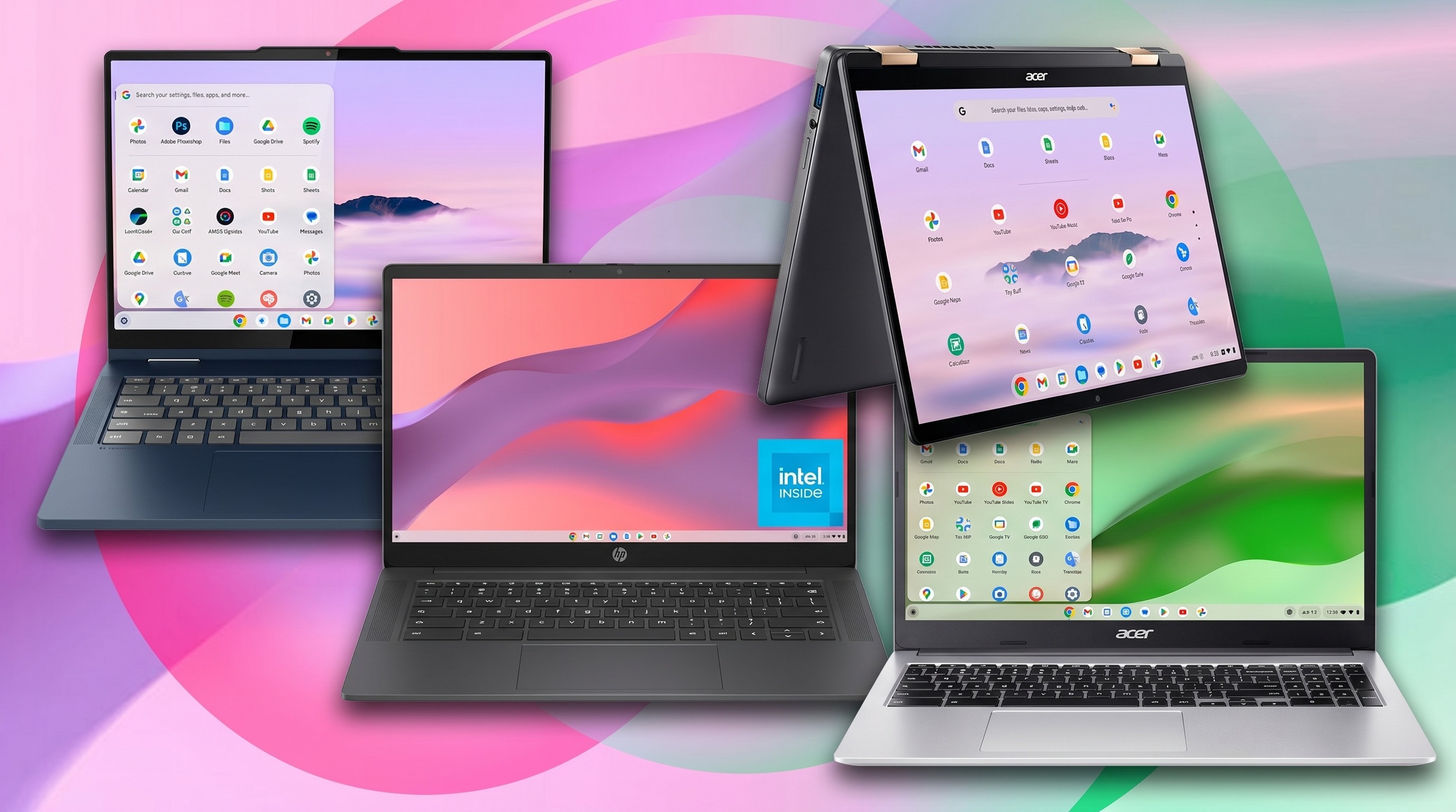 A collage of Chromebooks from the Best Buy Memorial Day sale, including options from Acer, Lenovo, Asus, and HP.