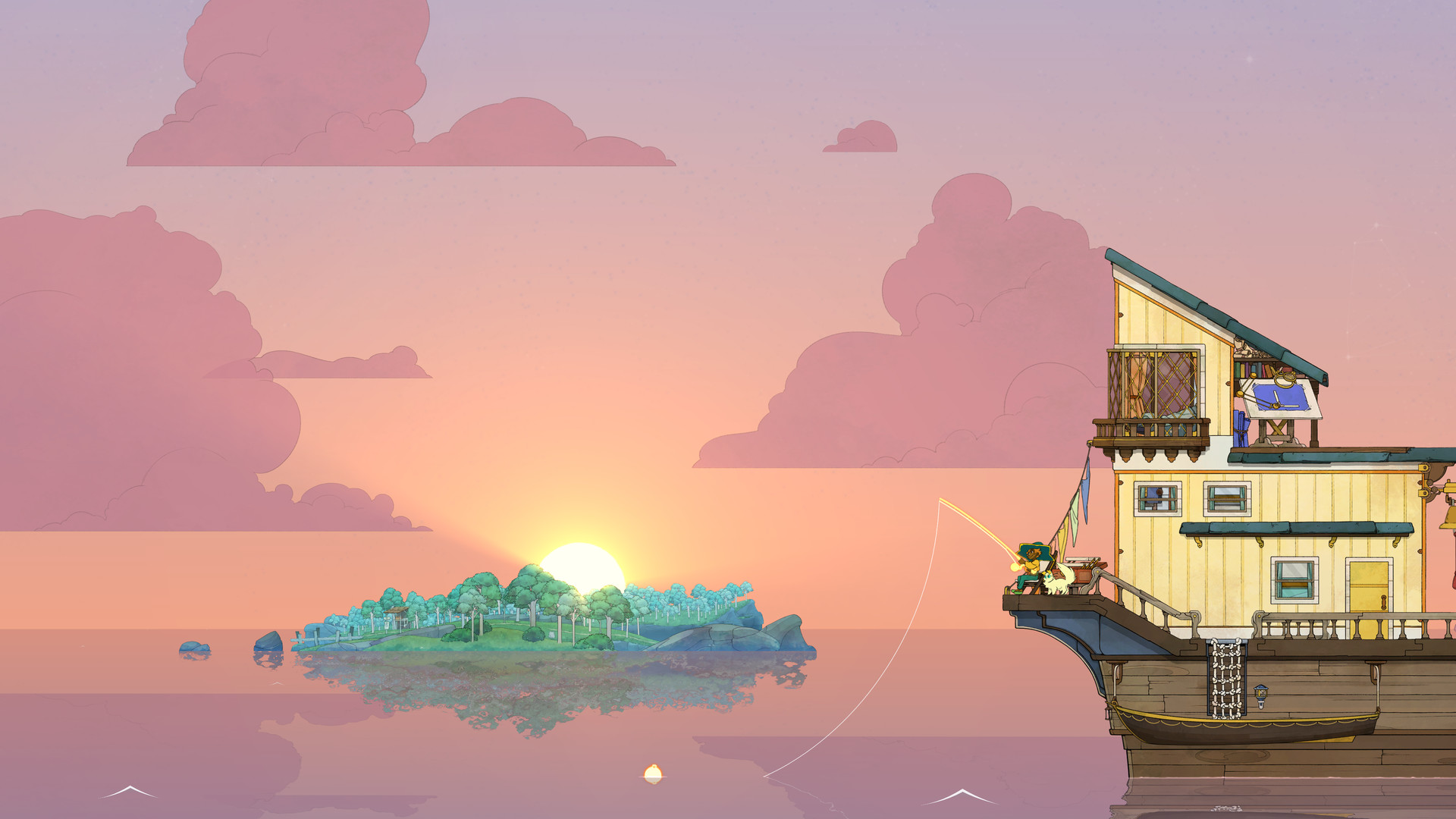 Spiritfarer screenshot showing the protagonist fishing off the end of the ship. An island can be seen in the distance, with the sun setting behind it