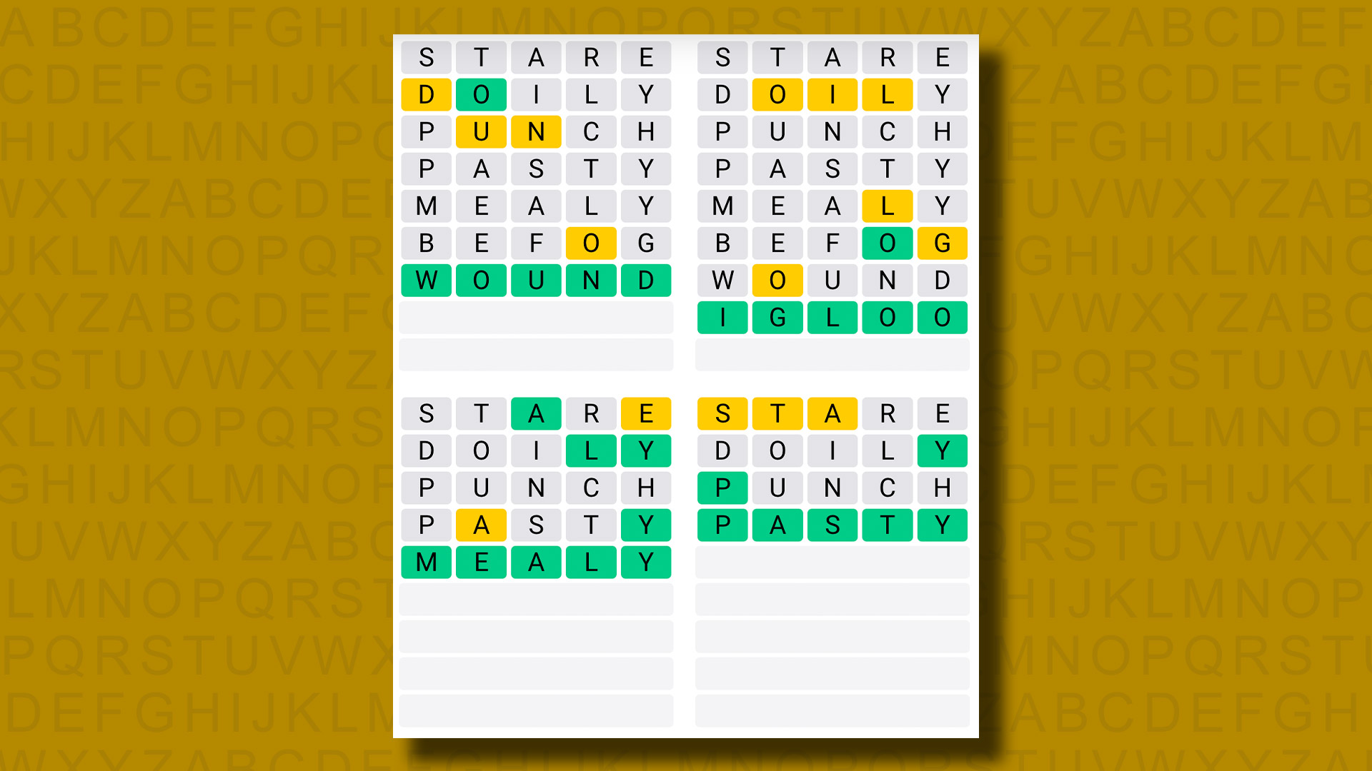 Quordle answers for game 836 on a yellow background