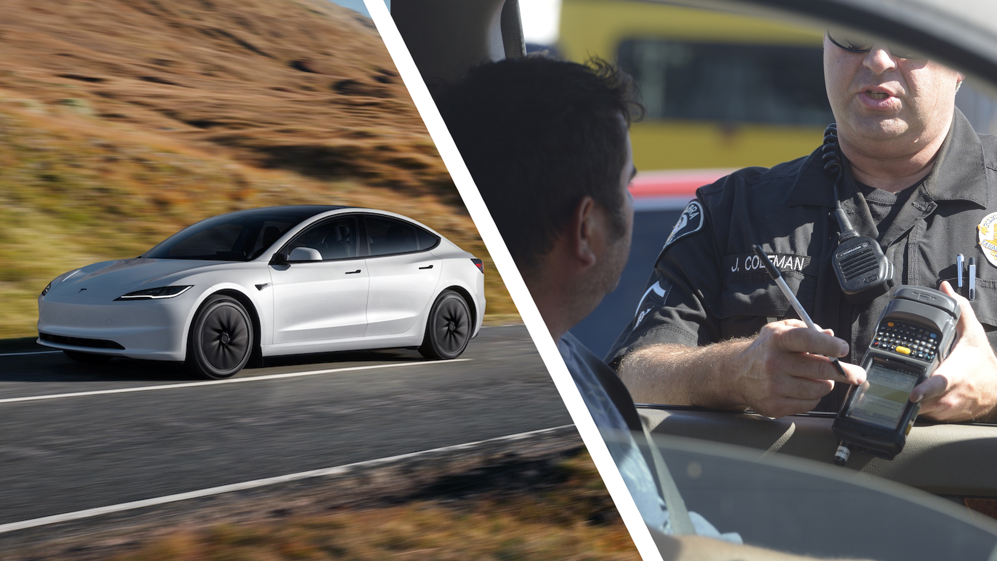 A Tesla Model 3 on the road next to a police officer issuing a speeding citation through a car window