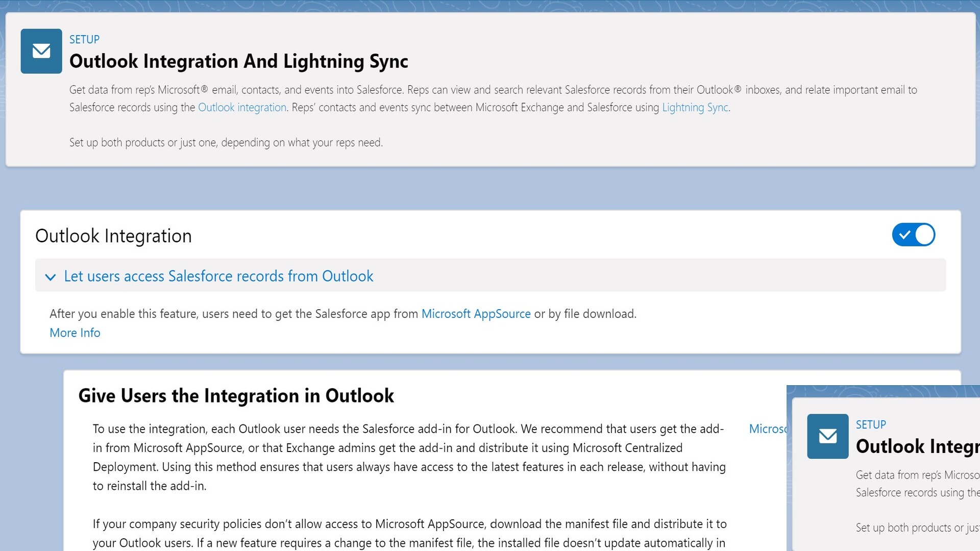 Outlook Integration and Lightning Sync setup menu in Salesforce.