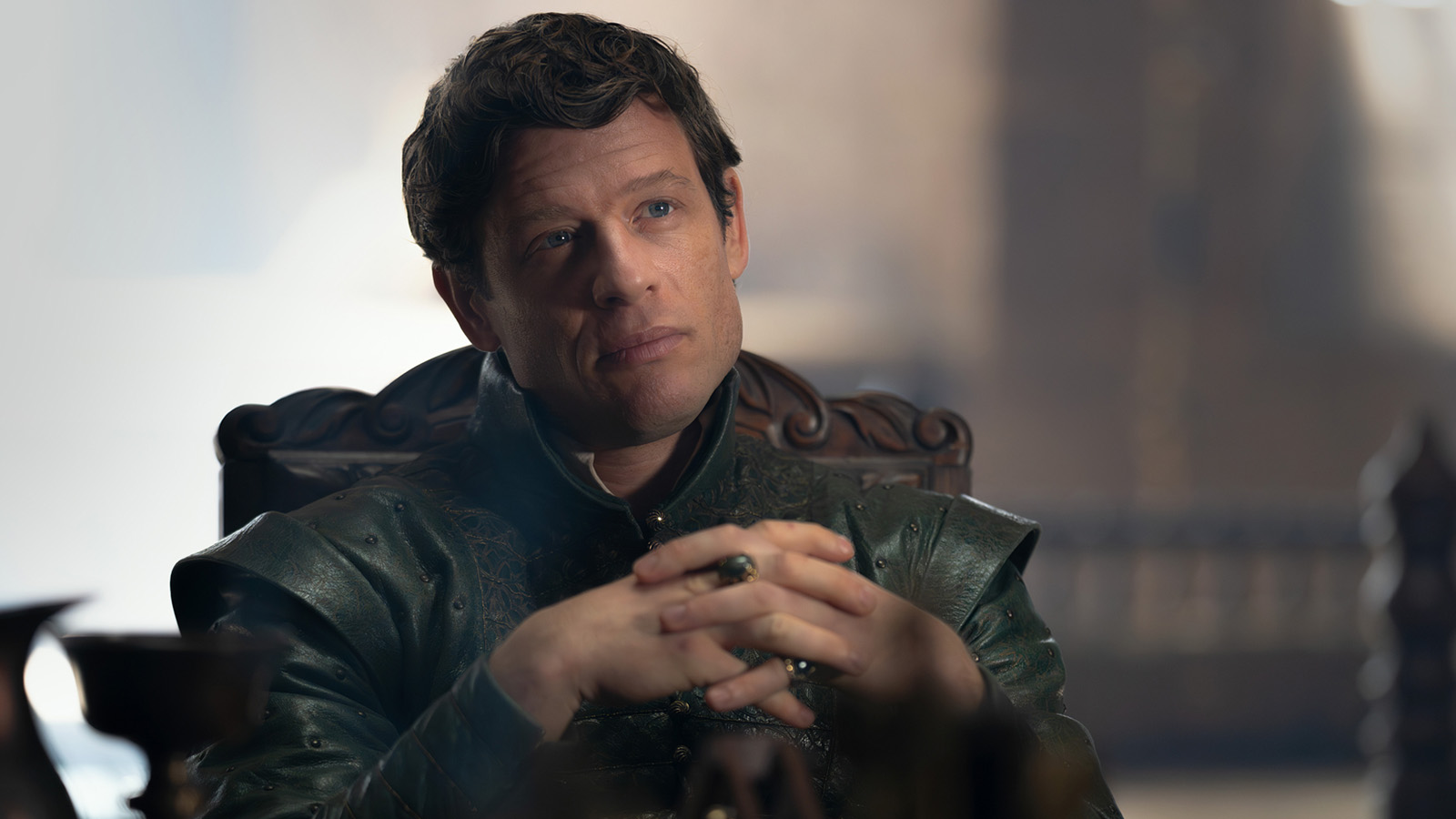 A close up of Ormund Hightower with his hands clasped in House of the Dragon season 3 episode 6
