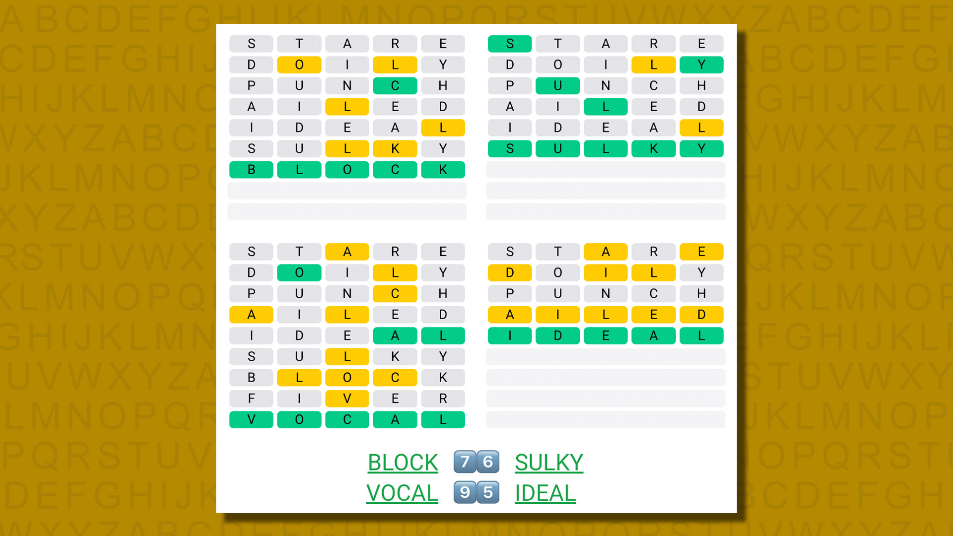 Quordle answers for game 585 on a yellow background