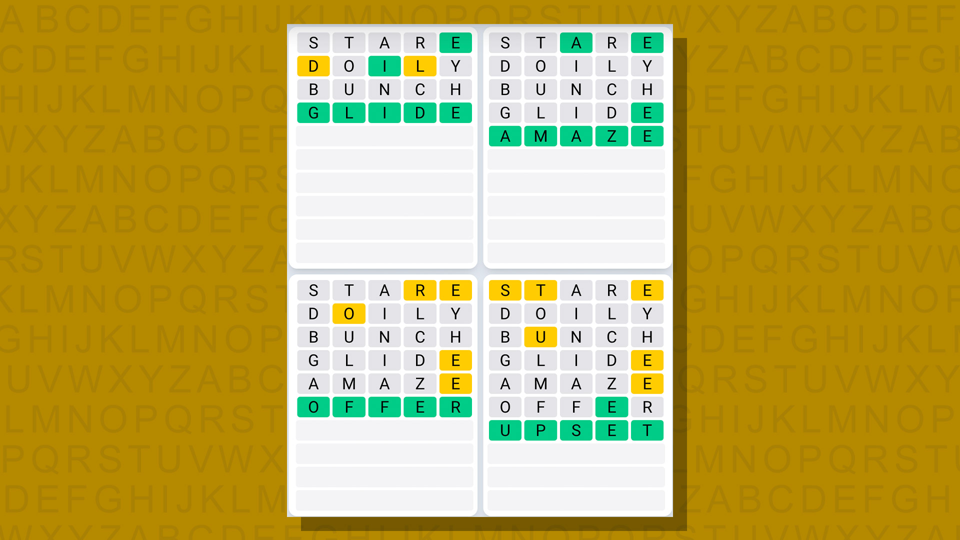 Quordle daily sequence answers for game 684 on a yellow background