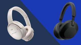 Sony WH-1000XM5 and Bose QuietComfort 45 on blue backgrounds