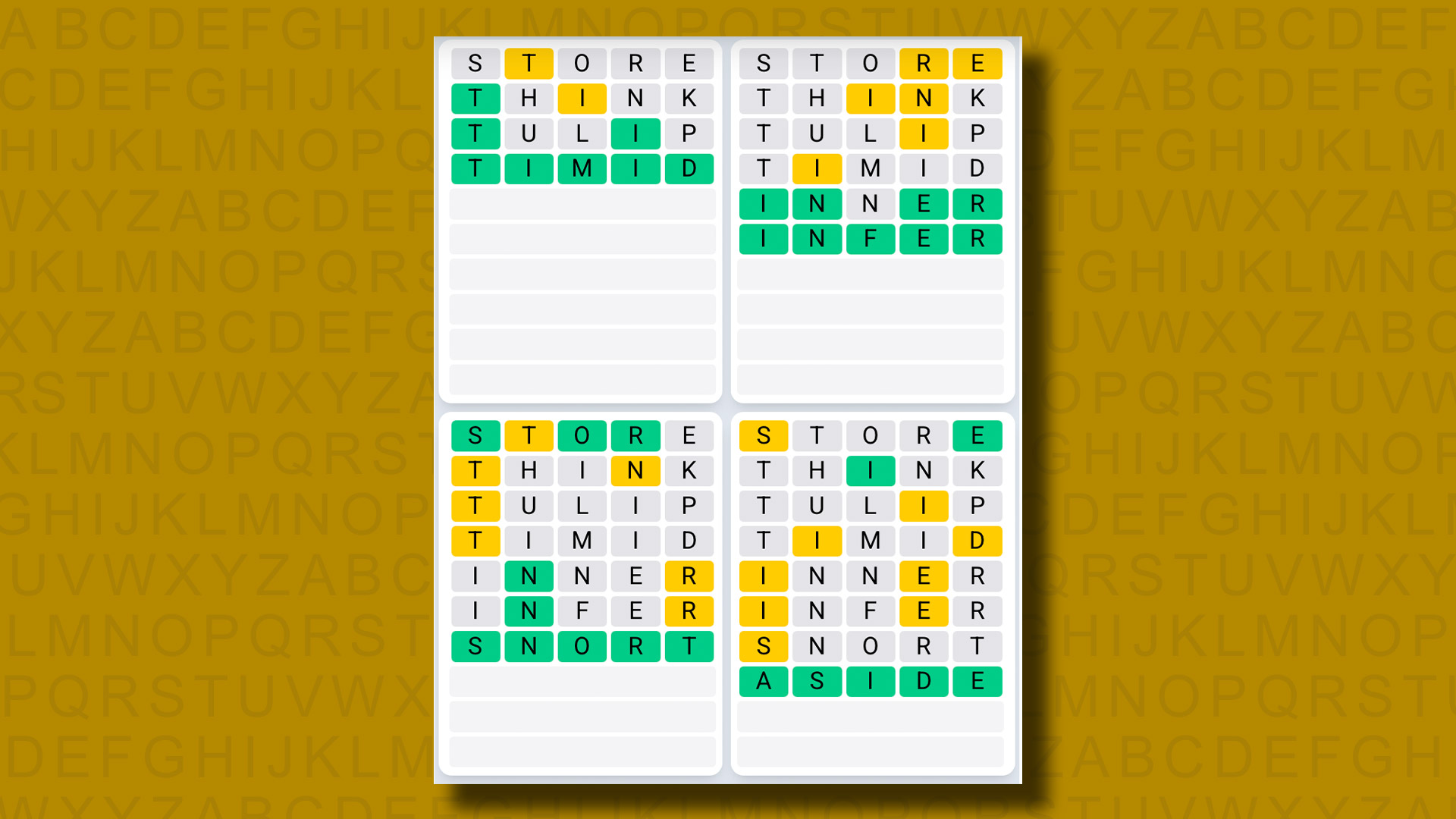 Quordle Daily Sequence answers for game 1171 on a yellow background
