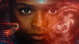 A close up of Riri Williams' magic-infused supersuit's HUD in Marvel's Ironheart TV show