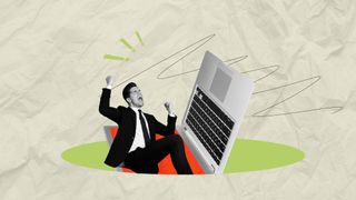 Composite trendy magazine photo collage of angry businessman scream laptop device workload pressure keypad wireless tool