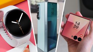 The Samsung Galaxy Watch 8, Galaxy Z Fold 7, and Galaxy Z Flip 7 arranged in a three-image split