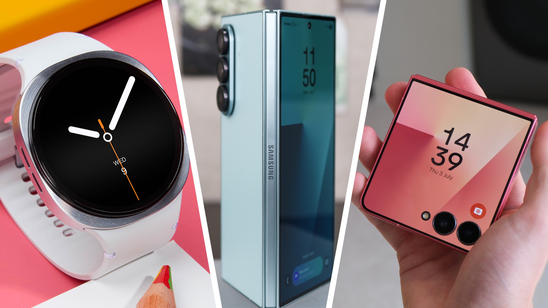 The Samsung Galaxy Watch 8, Galaxy Z Fold 7, and Galaxy Z Flip 7 arranged in a three-image split