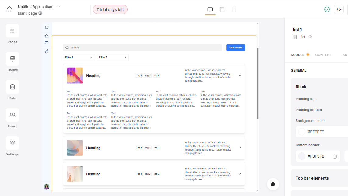 Softr's main app editing interface