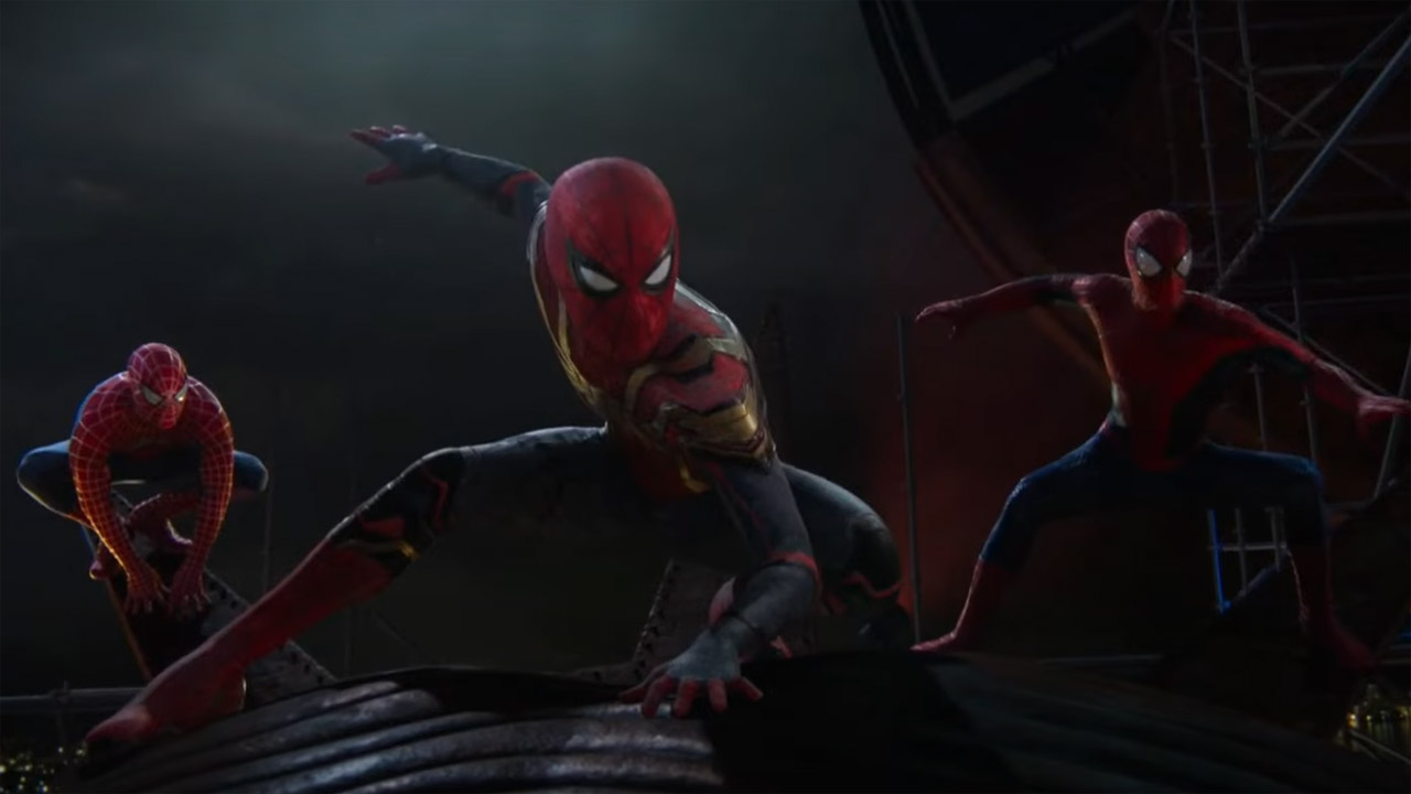 Tom Holland's, Tobey Maguire's, and Andrew Garfield's Spider-Men pose in No Way Home