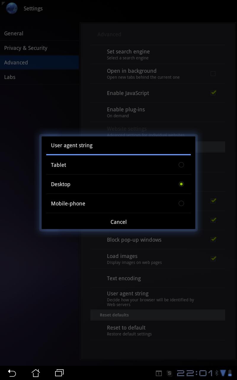 Android 3 browser