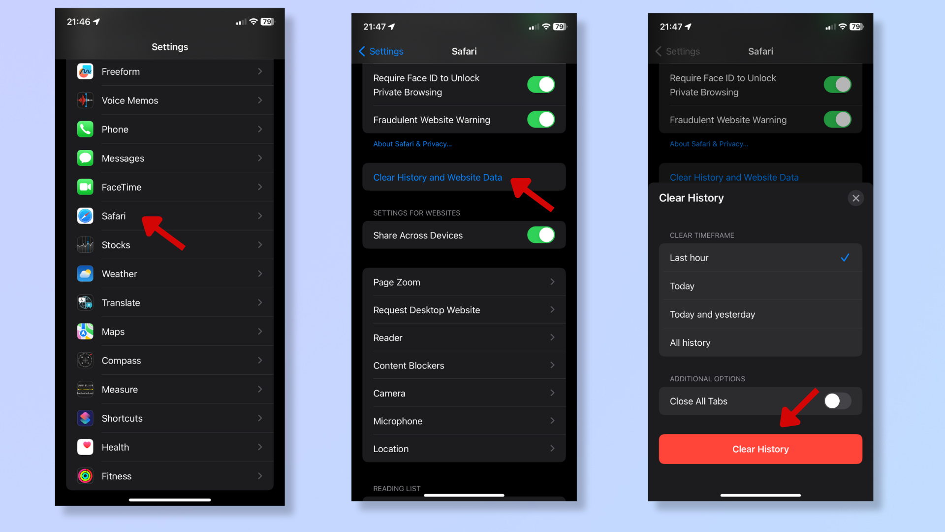 The first screenshot shows the Settings app on iPhone, with a red arrow pointing at Safari. The second screenshot shows the Safari menu in Settings, with a red arrow pointing at Clear History and Website Data. The third screenshot shows a red arrow pointing at the Clear History button. 