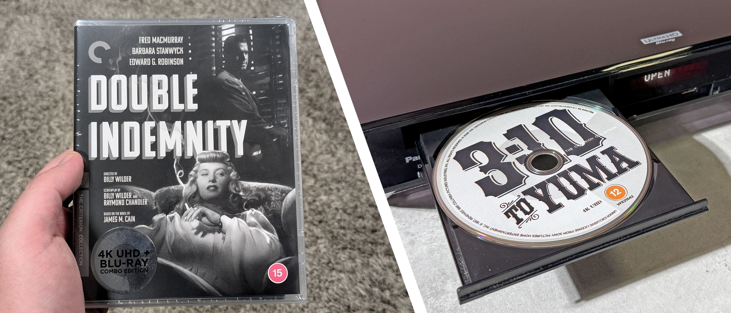 A copy of Double Indemnity from the Criterion Collection held in a man's hand, next to a 4K Blu-ray player with the disc for Criterion's 3:10 to Yuma visible on its tray