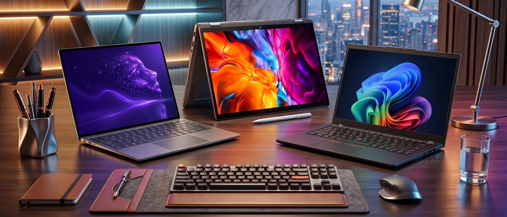 A Dell, HP, and Lenovo ThinkPad laptops on a desk in a modern office