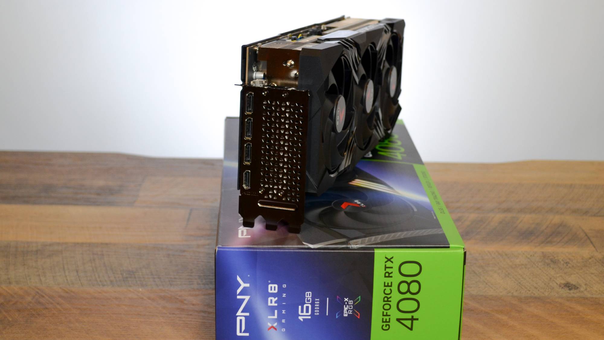 A PNY GeForce RTX 4080 XLR8 on its retail packaging