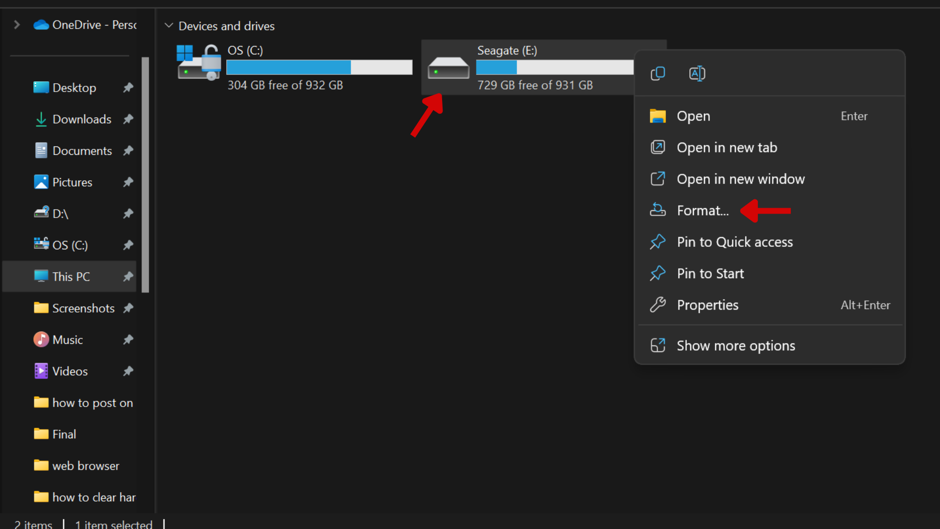 A screenshot of the File Explorer on Windows 11, with red arrows pointing at a hard drive and at the Format option. 