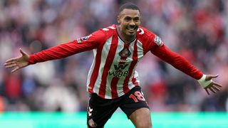 Wilson Isidor of Sunderland celebrates scoring his team's second goal during the Premier League match between Sunderland and Brentford at Stadium of Light on August 30, 2025 in Sunderland, England. 