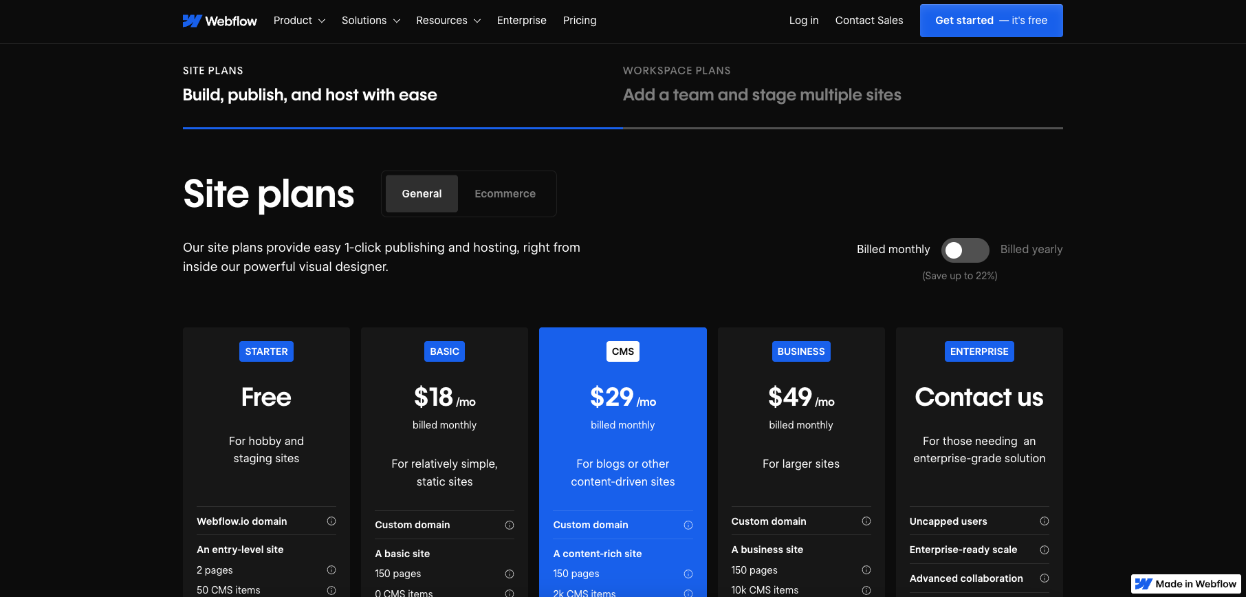 screenshot of webflow pricing page