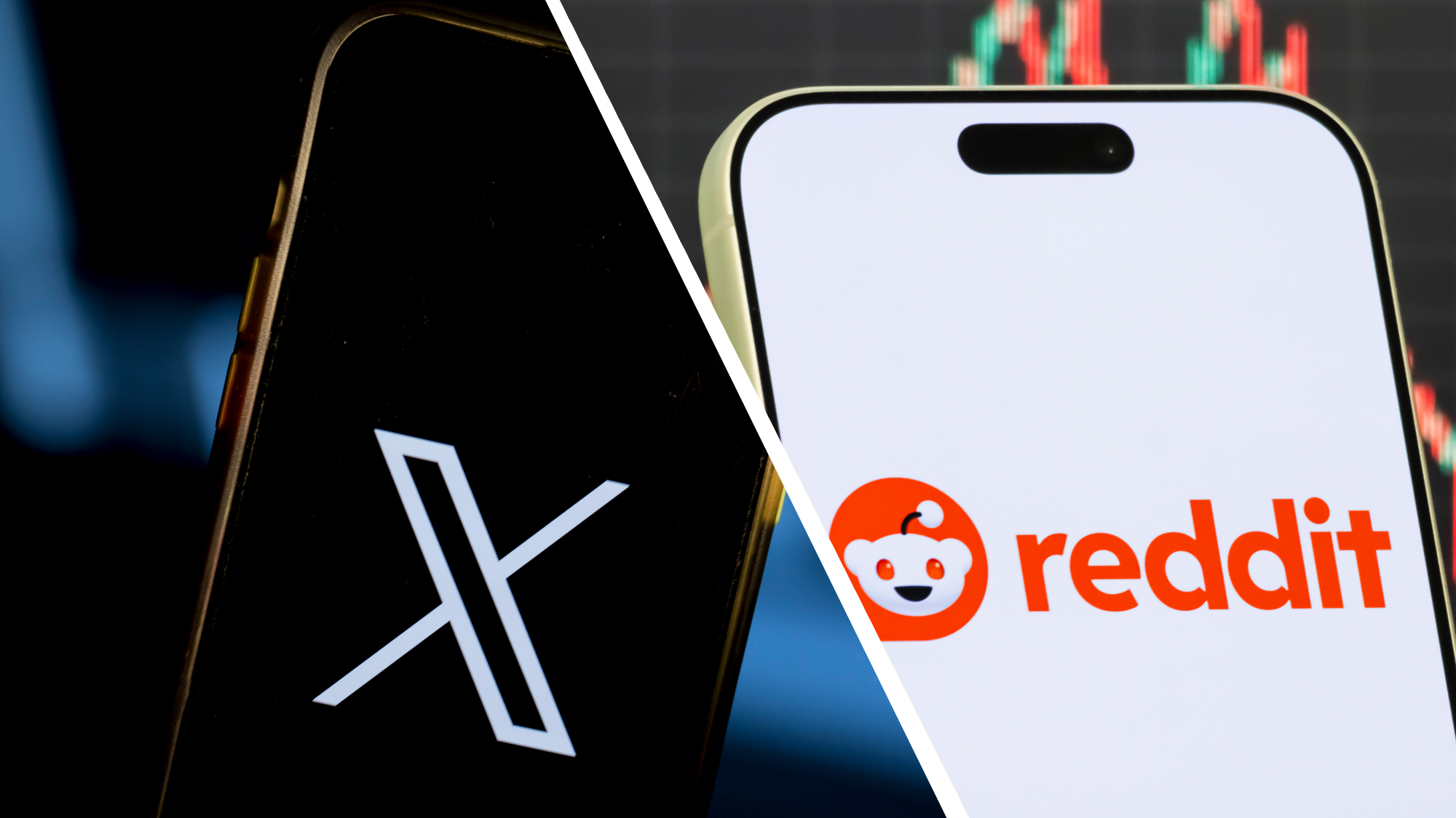 Two phones showing X and Reddit