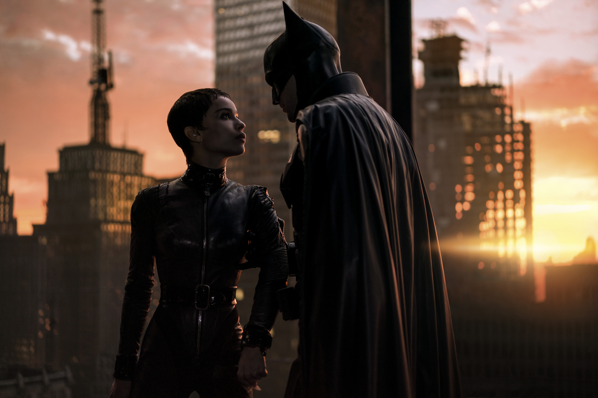 Batman and Selina Kyle standing on a building in The Batman
