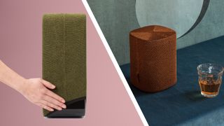 A green soundskin being pulled over a Sonos Sub, next to an image of a stylish copper Soundskin covering a Sonos One speaker