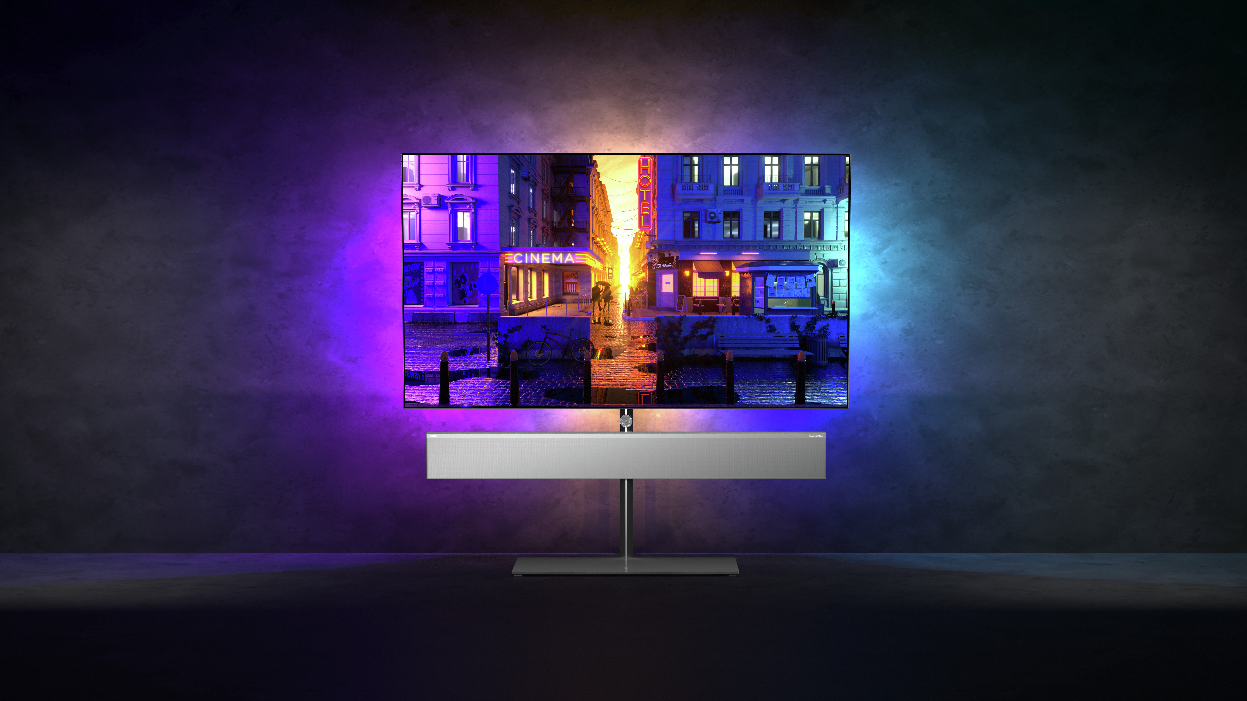 Philips OLED+986 glowing in living room