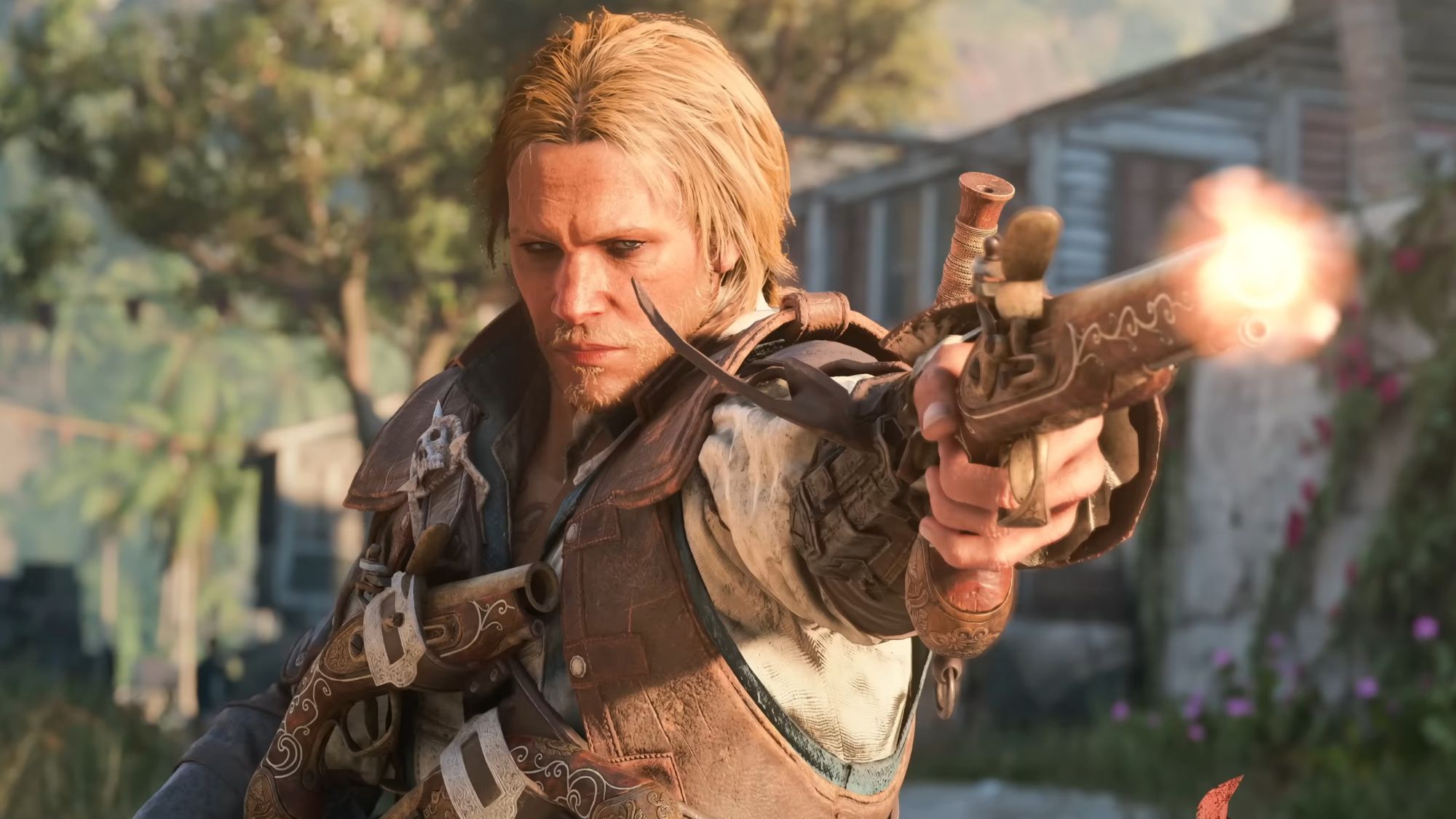 Edward Kenway firing a pistol in the Assassin's Creed Black Flag Resynced trailer.