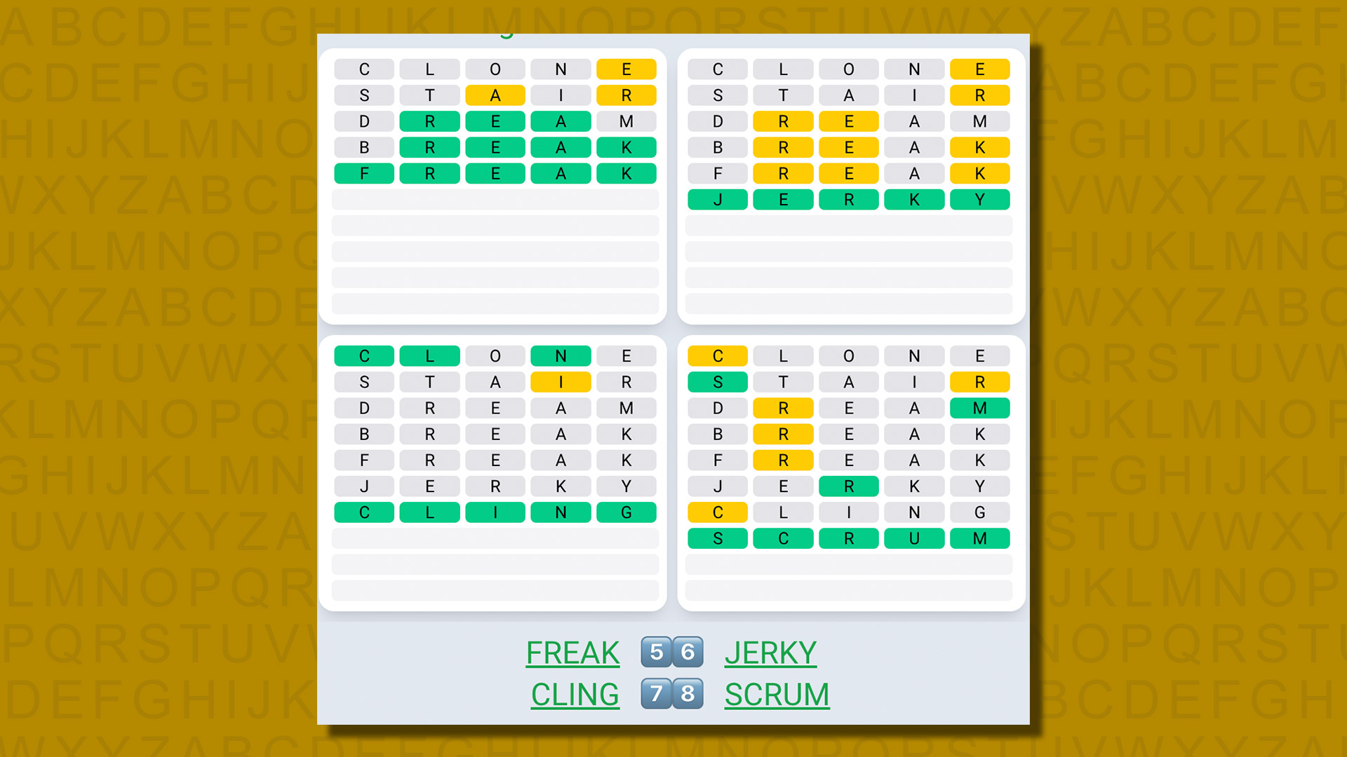 Quordle daily sequence answers for game 559 on a yellow background