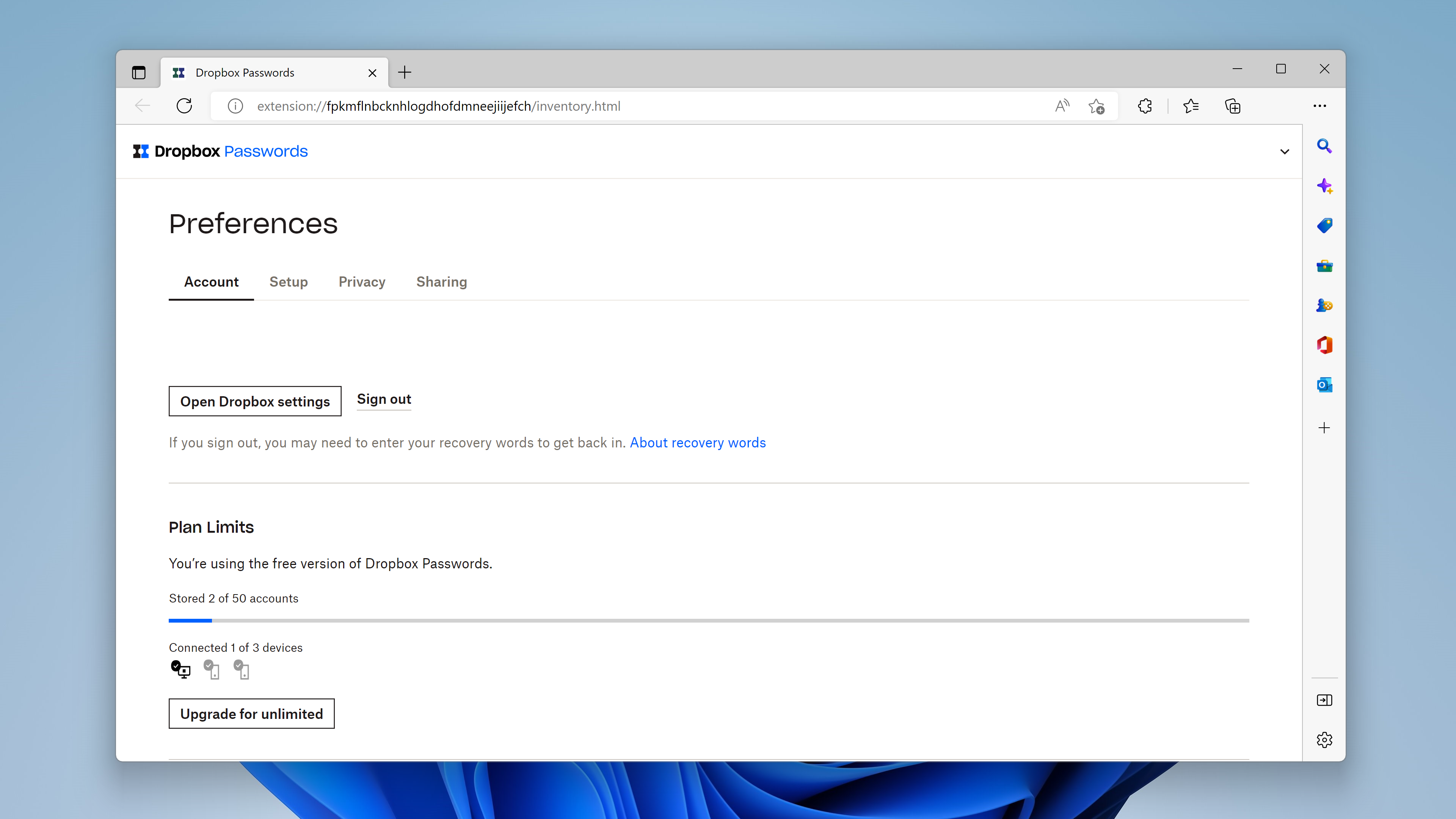 Dropbox Passwords preferences