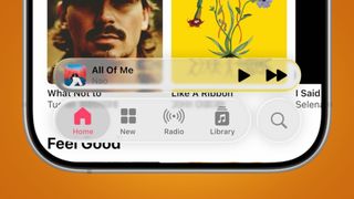 Liquid Glass interface on an orange background
