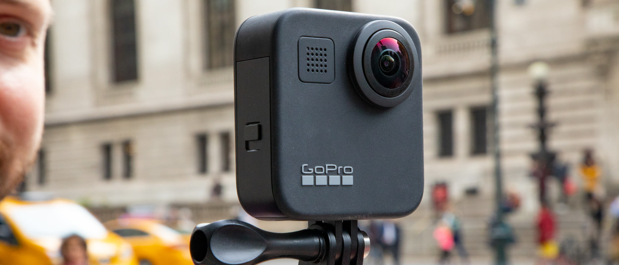 Image of the front of a GoPro Max 360-degree action camera