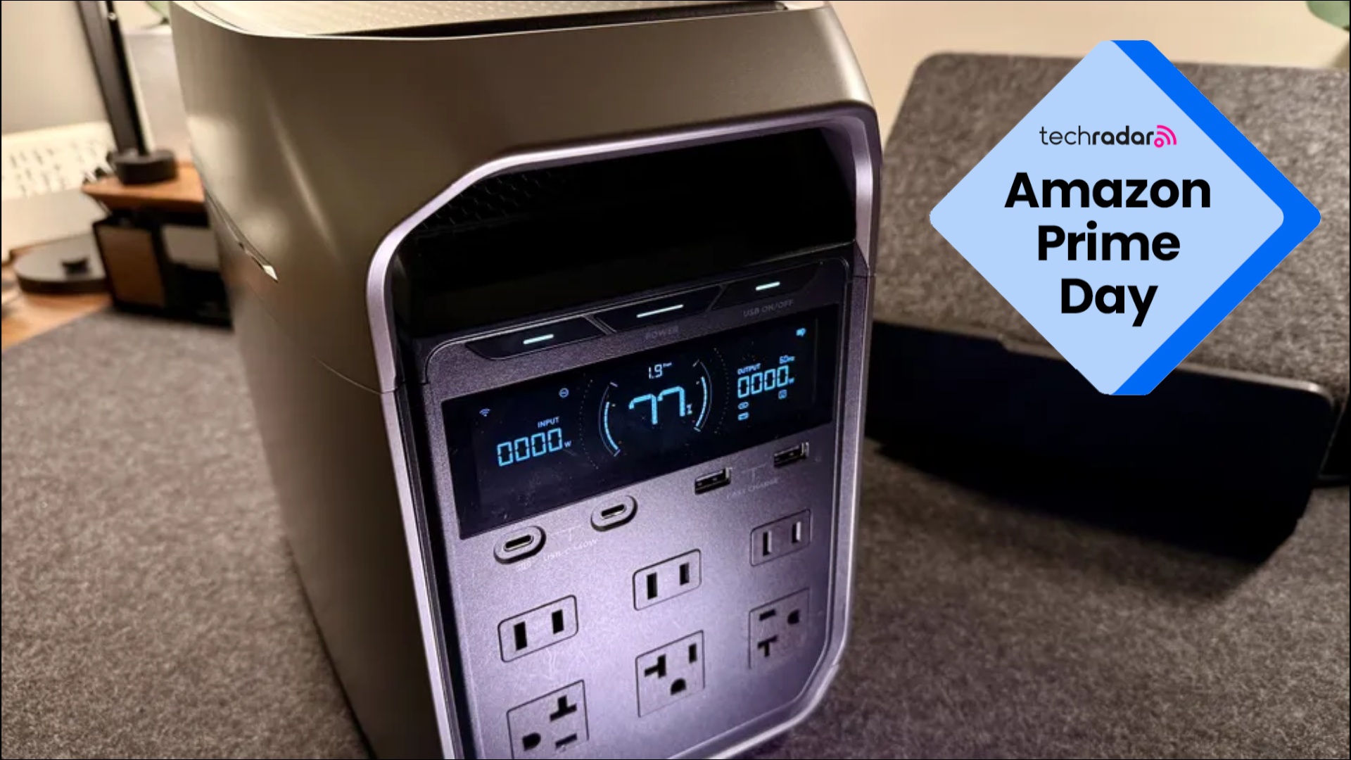 The EcoFlow Delta 3 Plus under review in an office with a blue TechRadar badge that reads 'Amazon Prime Day'