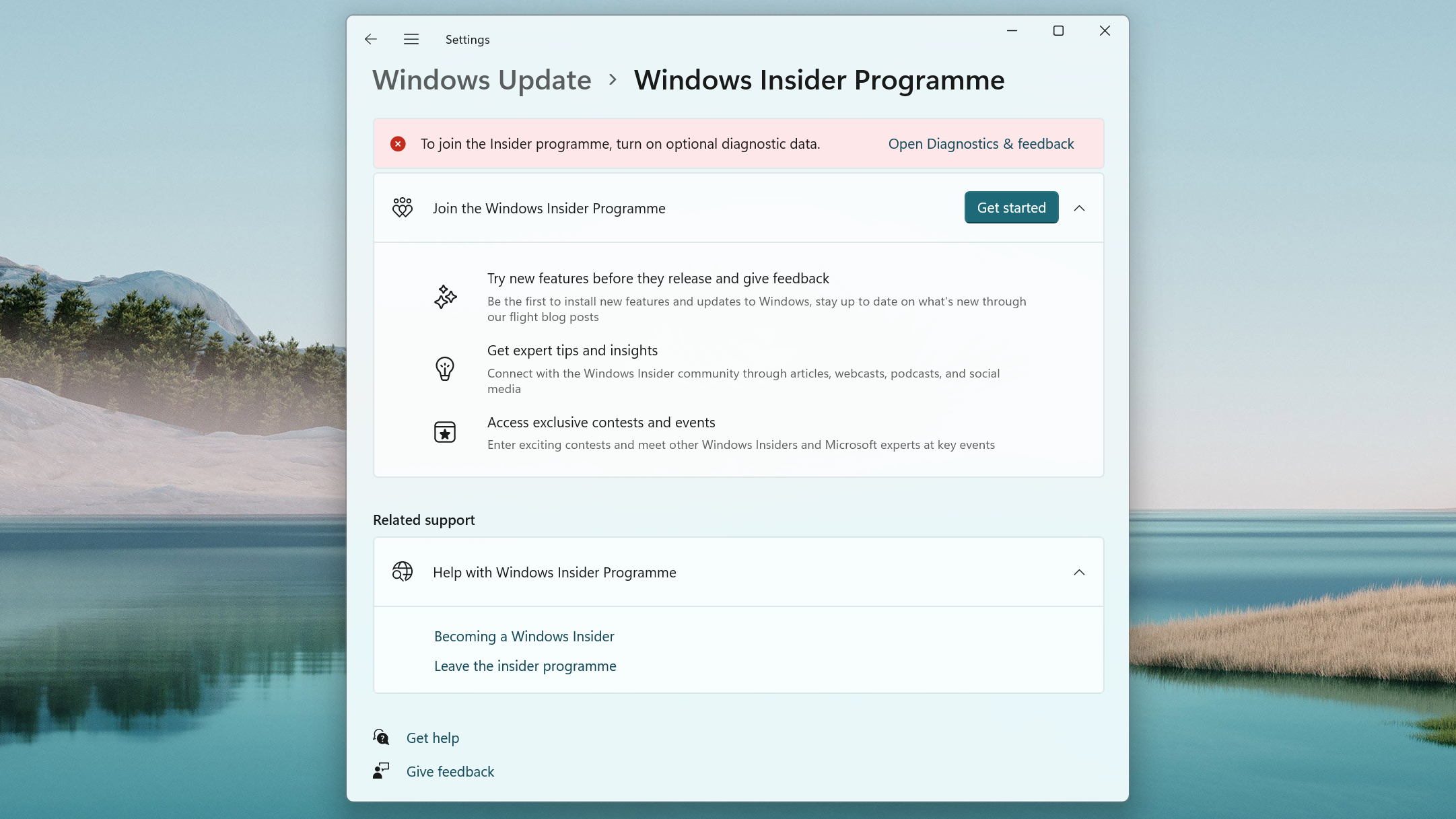 Screenshot of the Windows Insider Programme app